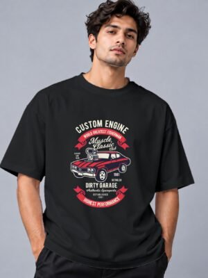 muscle-classic-car-club-tshirt-black-front Muscle Classic Car Club 240 GSM Oversized Tee in black, front view – Kool Kameez