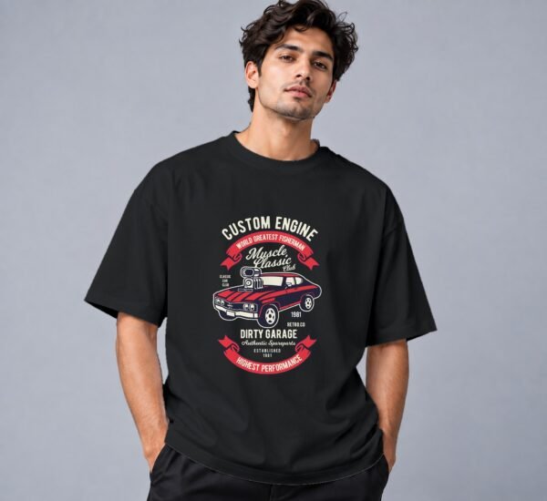 muscle-classic-car-club-tshirt-black-front Muscle Classic Car Club 240 GSM Oversized Tee in black, front view – Kool Kameez