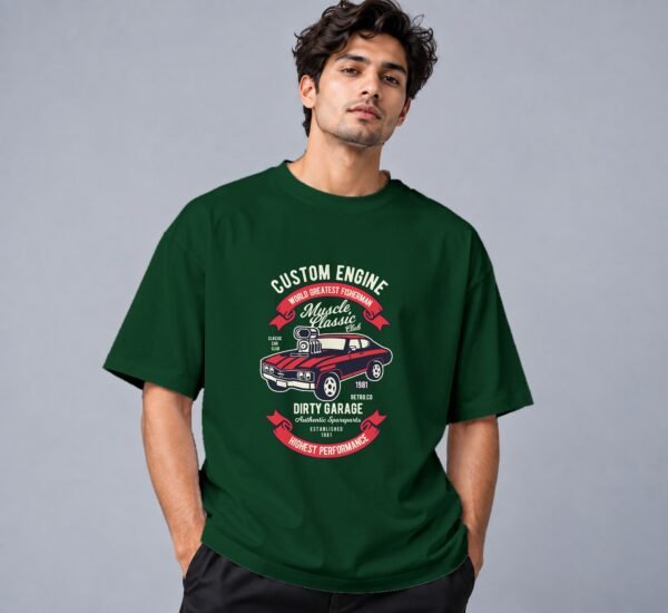 muscle-classic-car-club-tshirt-bottle-green-front Muscle Classic Car Club 240 GSM Oversized Tee in bottle green, front view – Kool Kameez