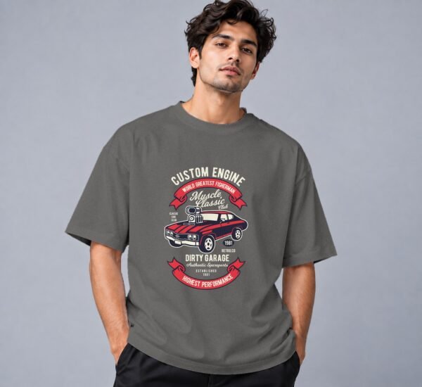 muscle-classic-car-club-tshirt-charcoal-melange-front Muscle Classic Car Club Retro Round Neck T-Shirt in charcoal melange, front view – Kool Kameez