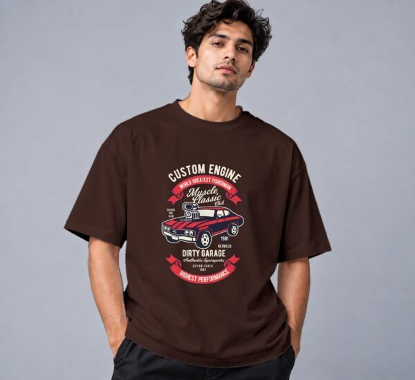 muscle-classic-car-club-tshirt-coffee-brown-front Muscle Classic Car Club Retro Round Neck T-Shirt in coffee brown, front view – Kool Kameez