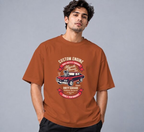 muscle-classic-car-club-tshirt-copper-front Muscle Classic Car Club Retro Round Neck T-Shirt in copper, front view – Kool Kameez