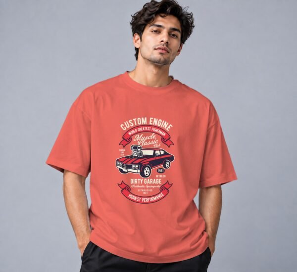 muscle-classic-car-club-tshirt-coral-front Muscle Classic Car Club 240 GSM Oversized Tee in coral, front view – Kool Kameez