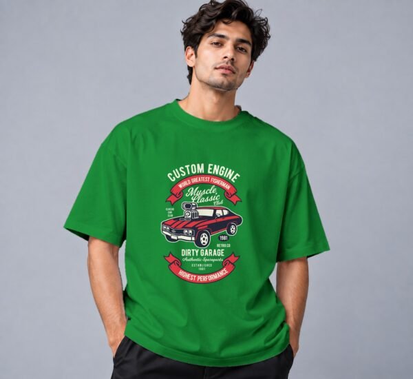 muscle-classic-car-club-tshirt-flag-green-front Muscle Classic Car Club Retro Round Neck T-Shirt in flag green, front view – Kool Kameez