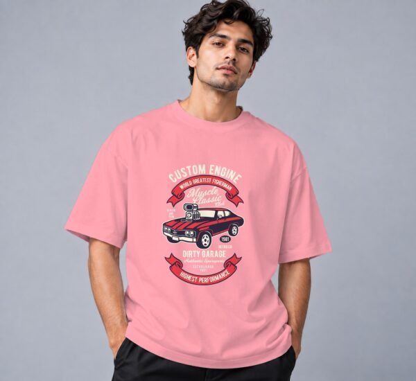 muscle-classic-car-club-tshirt-flamingo-front Muscle Classic Car Club Retro Round Neck T-Shirt in flamingo, front view – Kool Kameez
