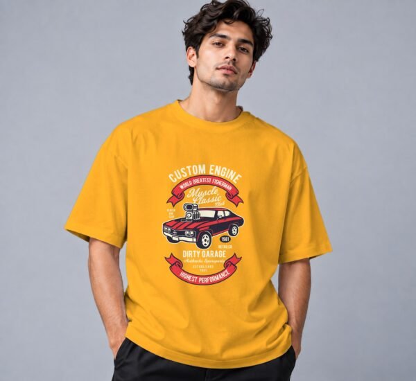 muscle-classic-car-club-tshirt-golden-yellow-front Muscle Classic Car Club 240 GSM Oversized Tee in golden yellow, front view – Kool Kameez