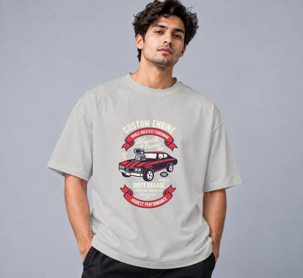 muscle-classic-car-club-tshirt-grey-melange-front Muscle Classic Car Club 240 GSM Oversized Tee in grey melange, front view – Kool Kameez