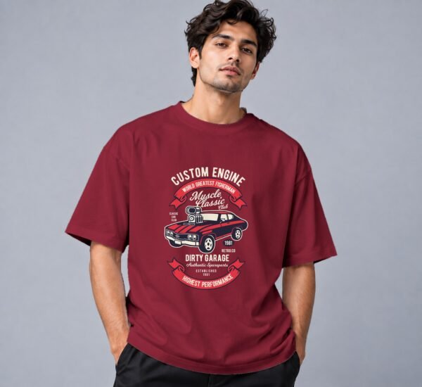 muscle-classic-car-club-tshirt-maroon-front Muscle Classic Car Club 240 GSM Oversized Tee in maroon, front view – Kool Kameez