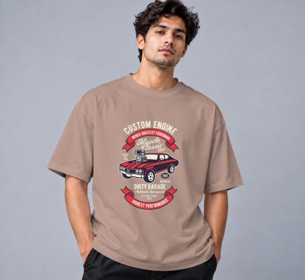 muscle-classic-car-club-tshirt-mushroom-front Muscle Classic Car Club Retro Round Neck T-Shirt in mushroom, front view – Kool Kameez