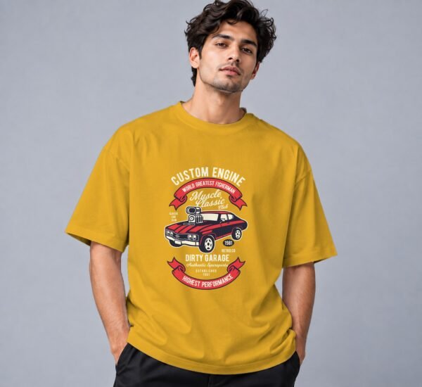 muscle-classic-car-club-tshirt-mustard-yellow-front Muscle Classic Car Club 240 GSM Oversized Tee in mustard yellow, front view – Kool Kameez