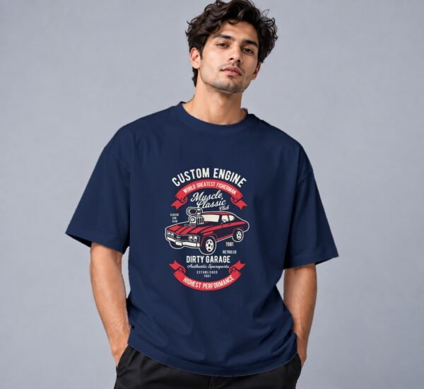 muscle-classic-car-club-tshirt-navy-blue-front Muscle Classic Car Club 240 GSM Oversized Tee in navy blue, front view – Kool Kameez