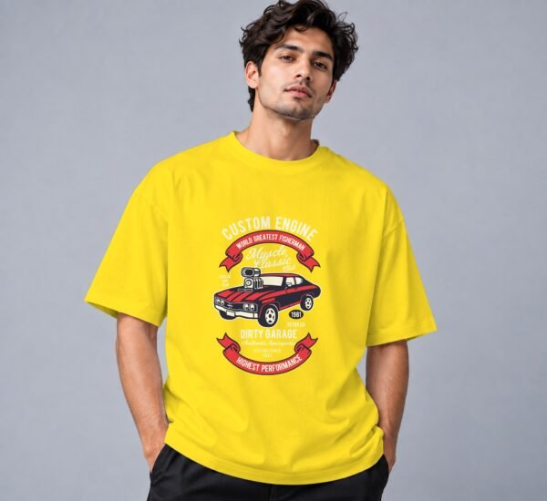 muscle-classic-car-club-tshirt-new-yellow-front Muscle Classic Car Club Retro Round Neck T-Shirt in new yellow, front view – Kool Kameez