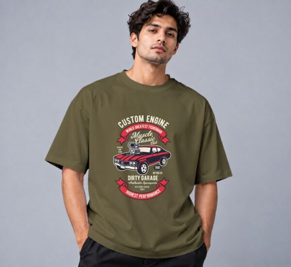 muscle-classic-car-club-tshirt-olive-green-front Muscle Classic Car Club 240 GSM Oversized Tee in olive green, front view – Kool Kameez