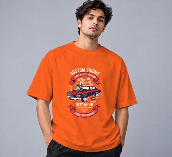 muscle-classic-car-club-tshirt-orange-front Muscle Classic Car Club Retro Round Neck T-Shirt in orange, front view – Kool Kameez