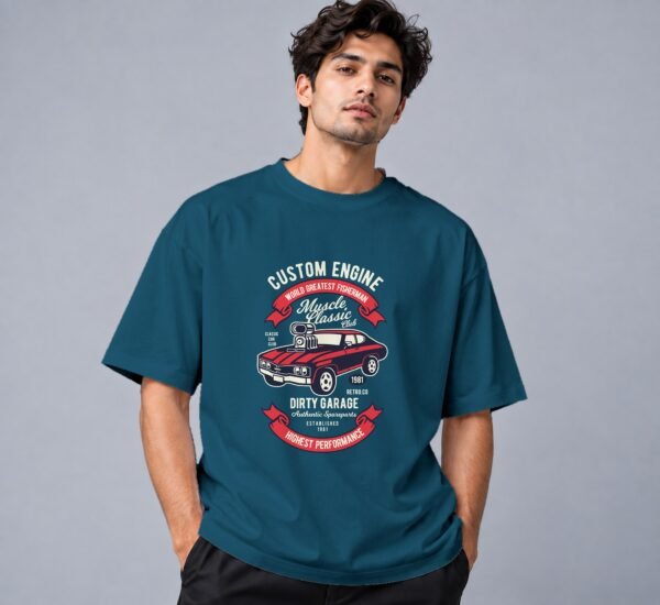 muscle-classic-car-club-tshirt-petrol-blue-front Muscle Classic Car Club 240 GSM Oversized Tee in petrol blue, front view – Kool Kameez