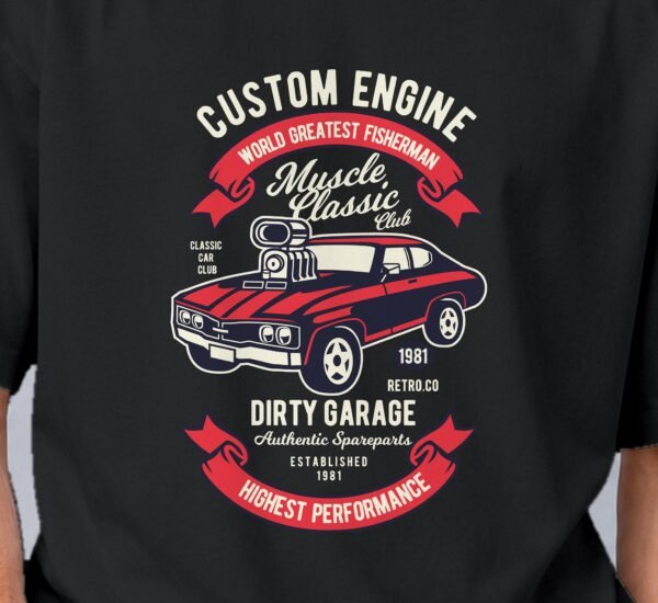 muscle-classic-car-club-tshirt-print-detail Muscle Classic Car Club 240 GSM Oversized Tee, print close-up – Kool Kameez