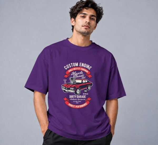 muscle-classic-car-club-tshirt-purple-front Muscle Classic Car Club 240 GSM Oversized Tee in purple, front view – Kool Kameez