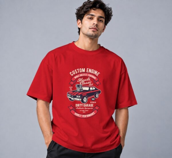 muscle-classic-car-club-tshirt-red-front Muscle Classic Car Club 240 GSM Oversized Tee in red, front view – Kool Kameez