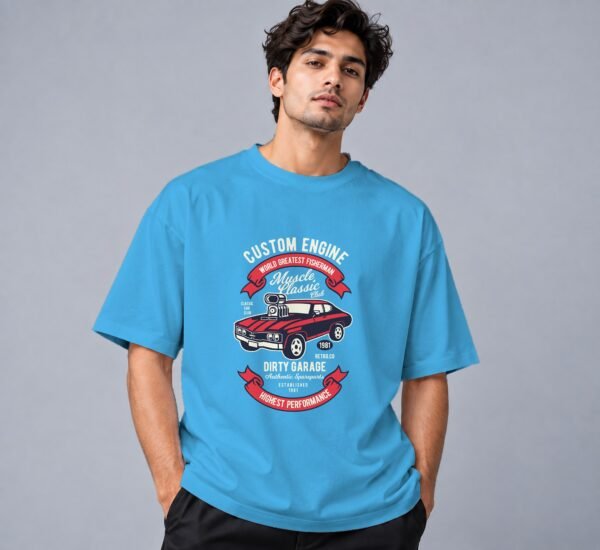 muscle-classic-car-club-tshirt-skyblue-front Muscle Classic Car Club Retro Round Neck T-Shirt in skyblue, front view – Kool Kameez