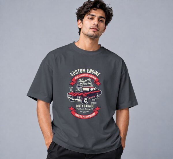 muscle-classic-car-club-tshirt-steel-grey-front Muscle Classic Car Club Retro Round Neck T-Shirt in steel grey, front view – Kool Kameez