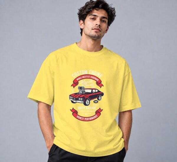 muscle-classic-car-club-tshirt-yellow-front Muscle Classic Car Club Retro Round Neck T-Shirt in yellow, front view – Kool Kameez