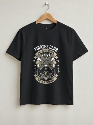Pirates Club Retro Round Neck T-Shirt - Black - Front View Pirates Club Retro Round Neck T-Shirt - Black - Front View