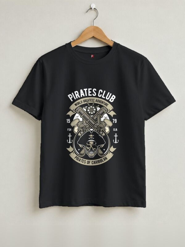 Pirates Club Retro Round Neck T-Shirt - Black - Front View Pirates Club Retro Round Neck T-Shirt - Black - Front View