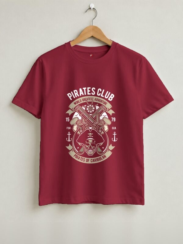 Pirates Club Retro Round Neck T-Shirt - Maroon - Front View Pirates Club Retro Round Neck T-Shirt - Maroon - Front View