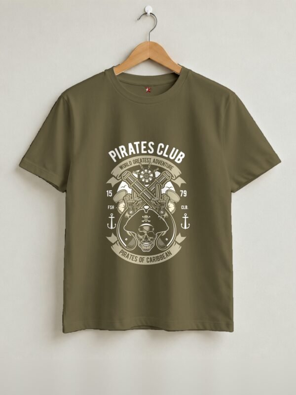 Pirates Club Retro Round Neck T-Shirt - Olive Green - Front View Pirates Club Retro Round Neck T-Shirt - Olive Green - Front View