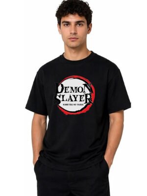 Red Ring Round Neck T-Shirt in Black, front view