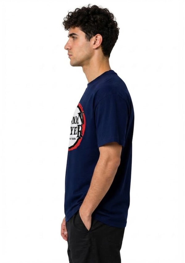 Red Ring Round Neck T-Shirt in Navy Blue, side view