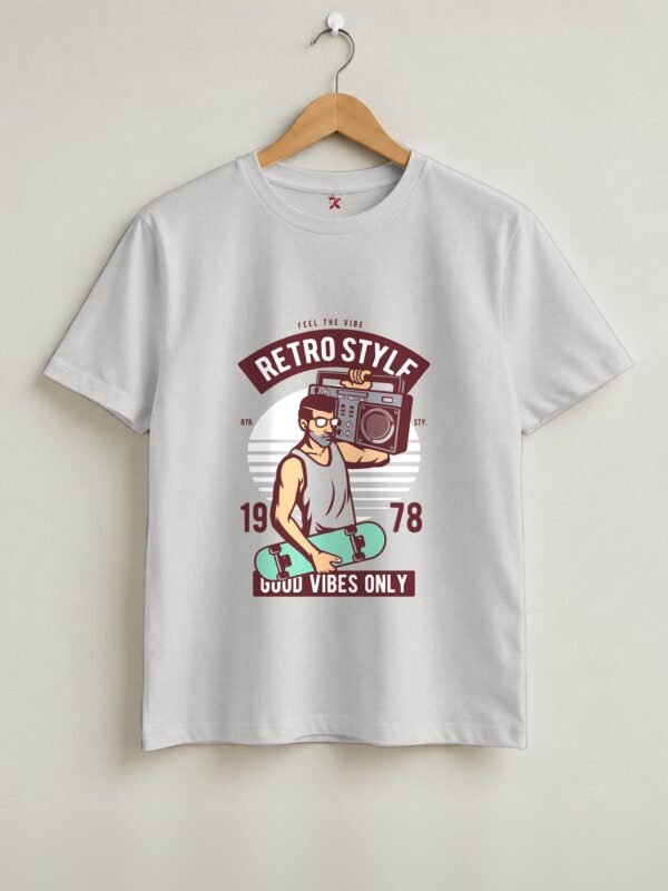 Retro Style Good Vibes Only Round Neck T-Shirt - Grey Melange - Front View