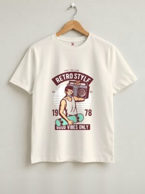Retro Style Good Vibes Only Round Neck T-Shirt - Off White - Front View Retro Style Good Vibes Only Round Neck T-Shirt - Off White - Front View