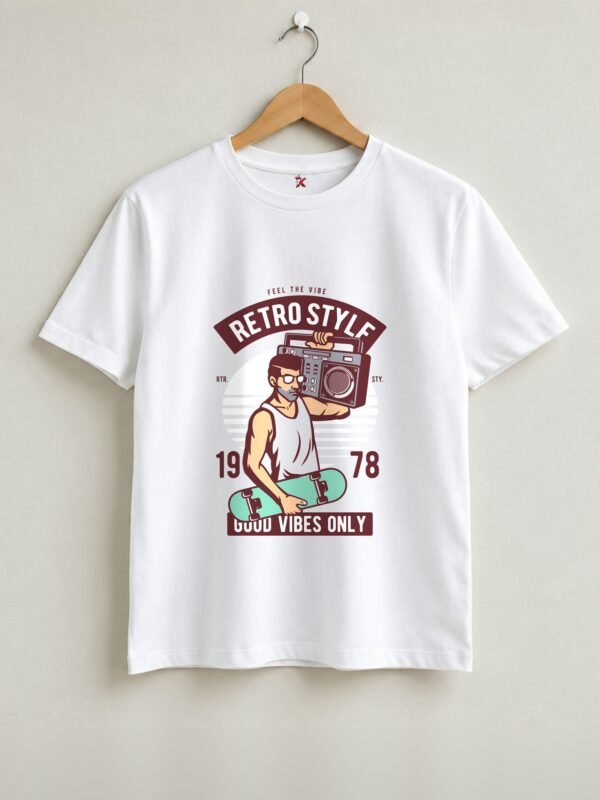 Retro Style Good Vibes Only Round Neck T-Shirt - White - Front View