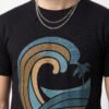 Retro Wave Palm Round Neck T-Shirt - black closeup Black retro wave and palm tree graphic round neck t-shirt, print close-up