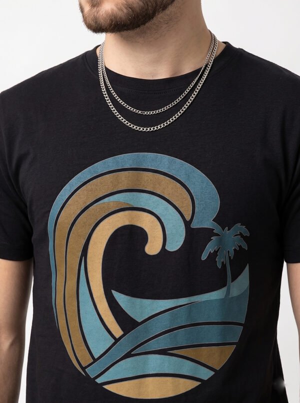 Retro Wave Palm Round Neck T-Shirt - black closeup Black retro wave and palm tree graphic round neck t-shirt, print close-up