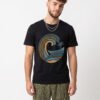 Retro Wave Palm Round Neck T-Shirt - black front Black retro wave and palm tree graphic round neck t-shirt, front view