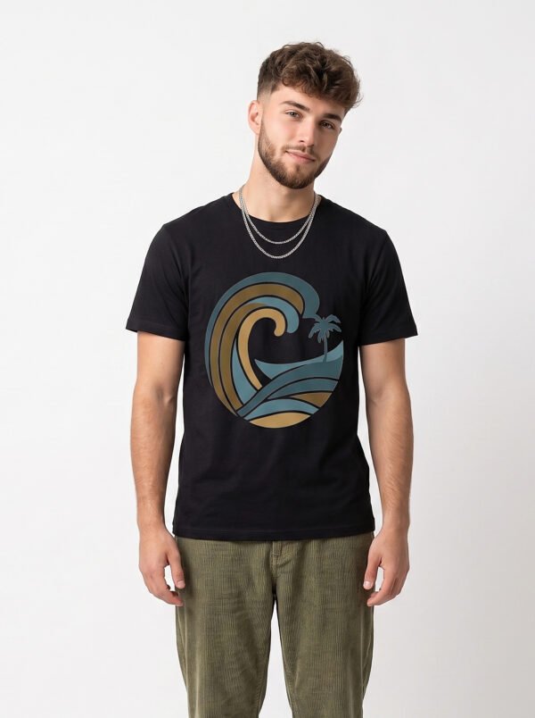 Retro Wave Palm Round Neck T-Shirt - black front Black retro wave and palm tree graphic round neck t-shirt, front view