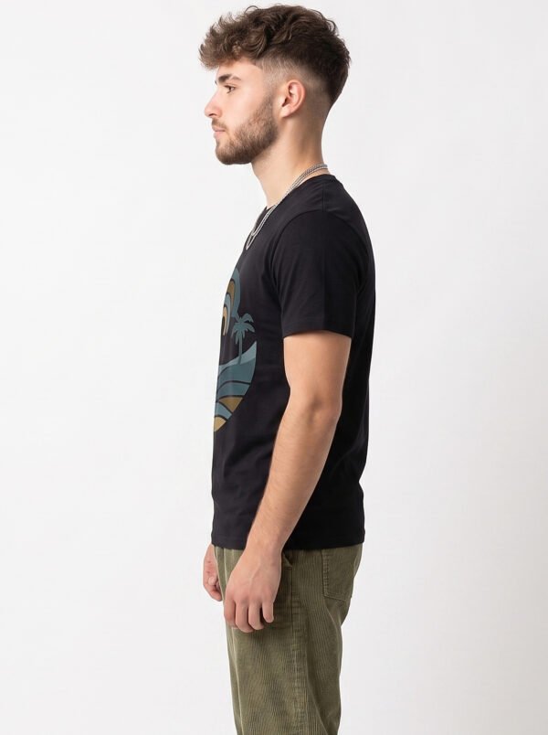 Retro Wave Palm Round Neck T-Shirt - black side Black retro wave and palm tree graphic round neck t-shirt, side view