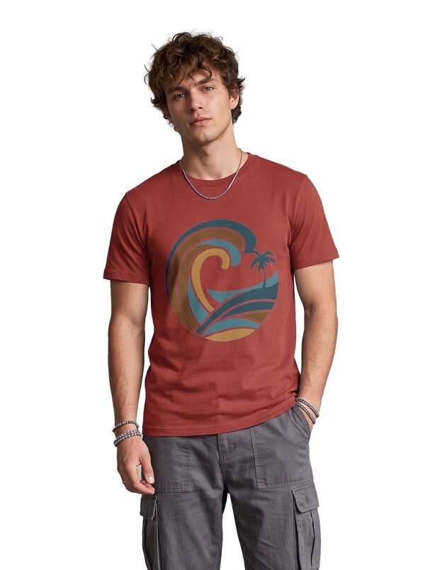Retro Wave Palm Round Neck T-Shirt - brown front Brown retro wave and palm tree graphic round neck t-shirt, front view