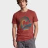 Retro Wave Palm Round Neck T-Shirt - brown front Brown retro wave and palm tree graphic round neck t-shirt, front view