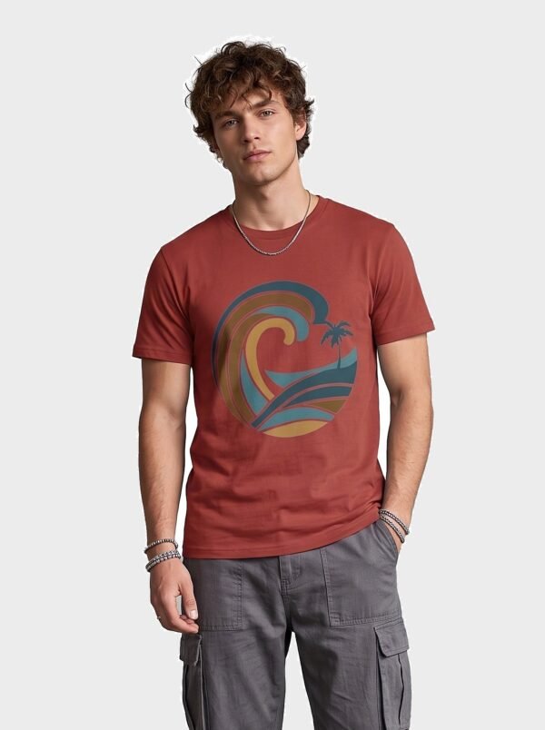 Retro Wave Palm Round Neck T-Shirt - brown front Brown retro wave and palm tree graphic round neck t-shirt, front view