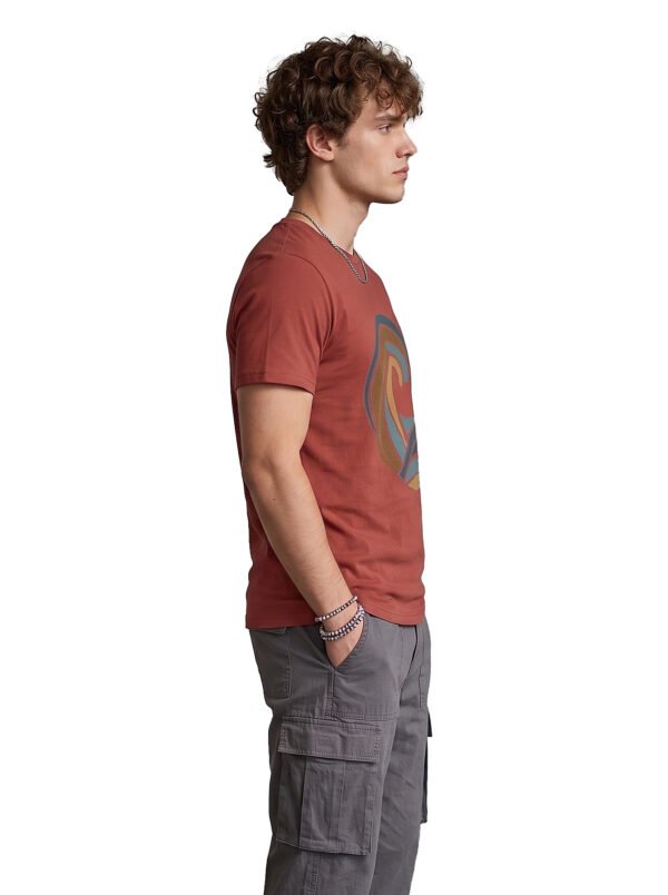 Retro Wave Palm Round Neck T-Shirt - brown side Brown retro wave and palm tree graphic round neck t-shirt, side view