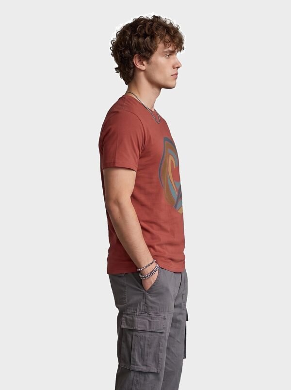 Retro Wave Palm Round Neck T-Shirt - brown side Brown retro wave and palm tree graphic round neck t-shirt, side view