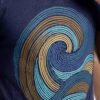Retro Wave Palm Round Neck T-Shirt - navy closeup Navy blue retro wave graphic round neck t-shirt, print close-up