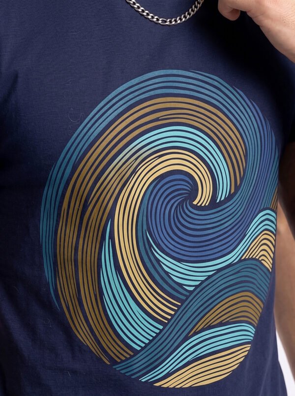 Retro Wave Palm Round Neck T-Shirt - navy closeup Navy blue retro wave graphic round neck t-shirt, print close-up