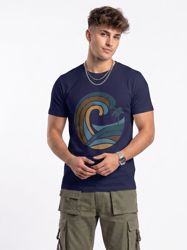 Retro Wave Palm Round Neck T-Shirt - navy front Navy blue retro wave and palm tree graphic round neck t-shirt, front view