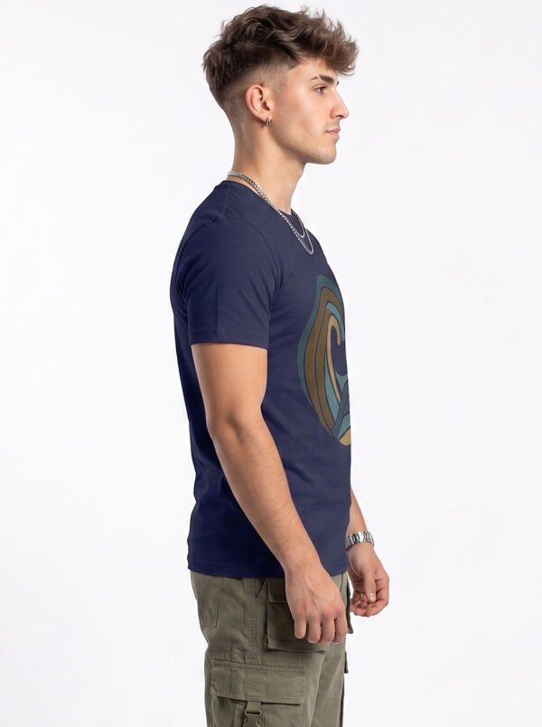 Retro Wave Palm Round Neck T-Shirt - navy side Navy blue retro wave and palm tree graphic round neck t-shirt, side view