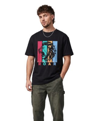 Roar Lion Round Neck T-Shirt in Black, front view