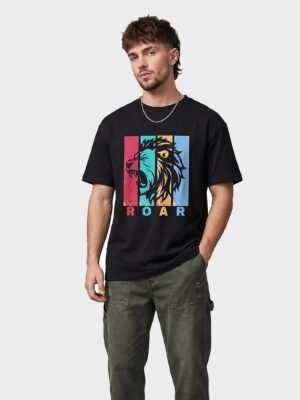 Roar Lion Round Neck T-Shirt - Black - front Roar Lion Round Neck T-Shirt in Black, front view